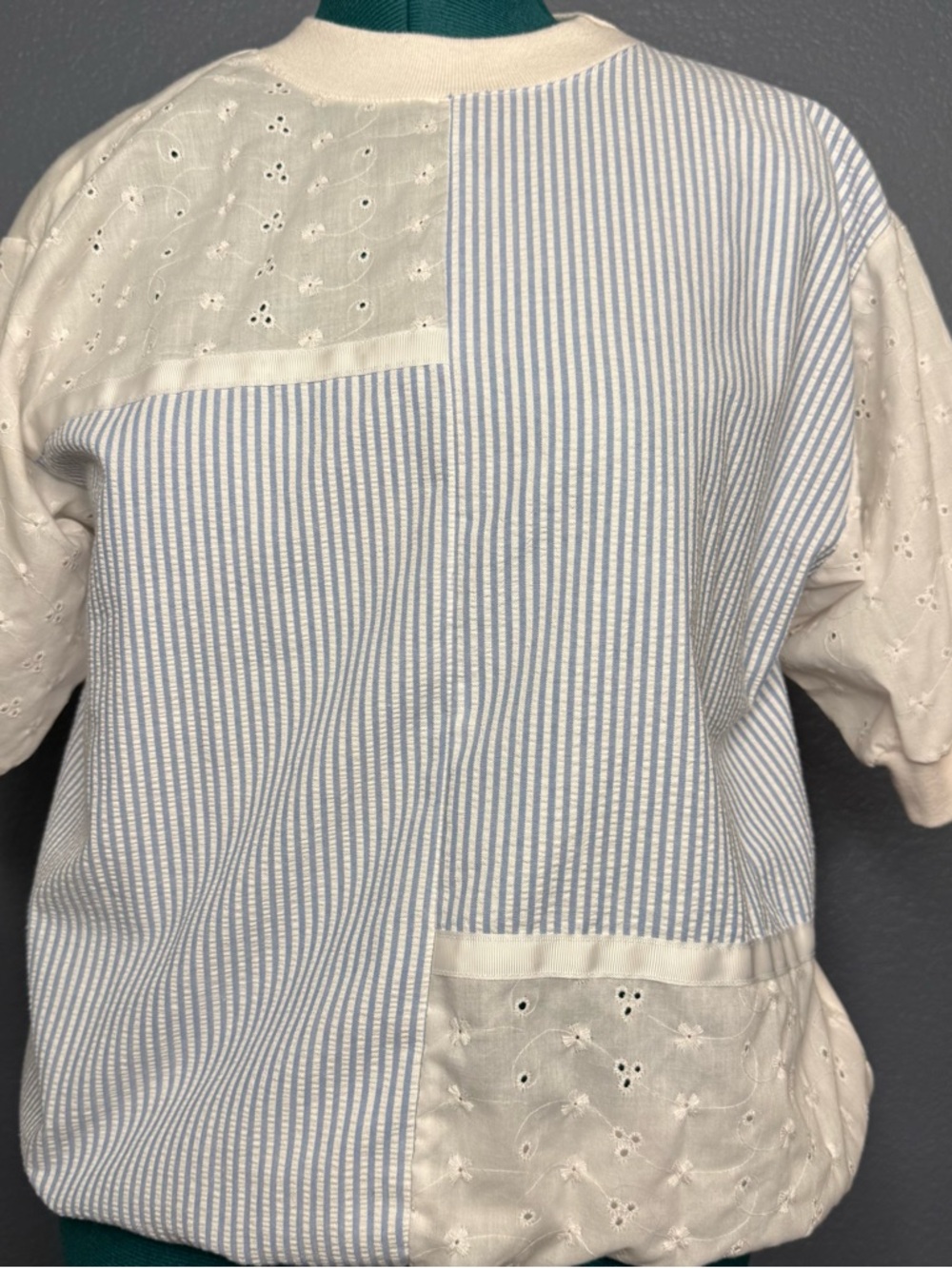 Vintage Patchwork Eyelet Top Blue Stripe Seersucker Cotton Oversized Cottagecore